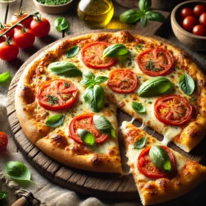 A rustic presentation of a gluten-free pizza, elegantly arranged on a wooden table. The pizza has a golden, crispy gluten-free crust topped with melted mozzarella cheese, fresh tomato slices, and vibrant basil leaves. The cheese is slightly bubbly and browned in spots, enhancing its irresistible texture. A few slices are cut and placed on a wooden cutting board, showcasing the gooey cheese pull. Scattered around are fresh basil sprigs, cherry tomatoes, and a drizzle of olive oil. Soft natural lighting enhances the warm and inviting feel, with gentle shadows and a hint of rustic kitchen elements in the background.