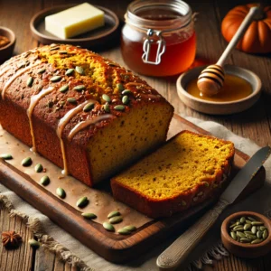 A beautifully plated loaf of Pumpkin & Spice Quick Bread served on a rustic wooden table. The bread has a golden-brown crust with a moist, spiced interior infused with cinnamon, nutmeg, and cloves. Lightly drizzled with a vanilla glaze and garnished with a sprinkle of pumpkin seeds. Sliced and arranged on a wooden cutting board, served with a side of butter and honey. The warm wooden table is more visible, providing a cozy and inviting setting.