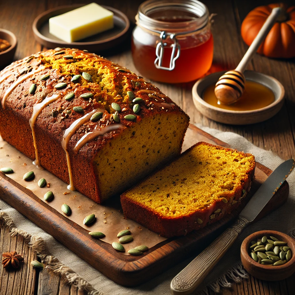 A beautifully plated loaf of Pumpkin & Spice Quick Bread served on a rustic wooden table. The bread has a golden-brown crust with a moist, spiced interior infused with cinnamon, nutmeg, and cloves. Lightly drizzled with a vanilla glaze and garnished with a sprinkle of pumpkin seeds. Sliced and arranged on a wooden cutting board, served with a side of butter and honey. The warm wooden table is more visible, providing a cozy and inviting setting.