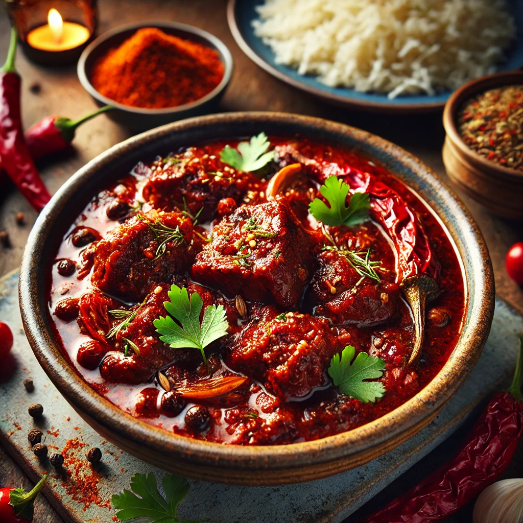 A beautifully plated dish of Goan-Style Pork or Lamb Vindaloo, featuring tender, slow-cooked meat in a rich, spicy, and tangy sauce infused with vinegar, garlic, and aromatic Indian spices. The dish has a deep red hue with a glossy texture, showcasing the bold flavors of chili, cumin, and mustard seeds. Garnished with fresh coriander, it is served in a rustic ceramic bowl. Accompanied by fragrant basmati rice and warm naan, the bowl rests on a wooden table with soft, warm lighting enhancing the inviting and flavorful presentation.