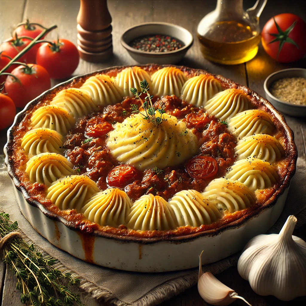 A rustic ceramic baking dish filled with goat shepherd’s pie, featuring a rich, glossy goat ragu base topped with golden, creamy mashed potatoes piped decoratively. Surrounding the dish are fresh ingredients, including peeled tomatoes, garlic cloves, thyme, and small bowls of soy sauce and rice wine vinegar, all arranged on a wooden table for a cozy presentation.