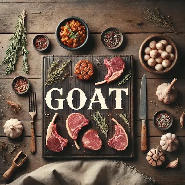 A rustic flat lay of goat meat on a medium-dark wooden table with horizontal planks. The scene includes roasted goat pieces, chops, and curry portions, arranged neatly on a wooden board with garnishes like herbs, garlic, and spices. At the top, the word 'GOAT' is written in large cream-colored serif letters, centered and clearly visible.