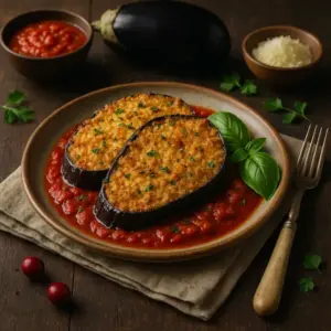 A rustic plate with golden-baked eggplant Parmesan slices, served on rich marinara sauce, topped with herbs, and garnished with fresh basil. Styled with a dark wooden table, linen napkin, vintage fork, and warm natural lighting for a cozy, real-life presentation.