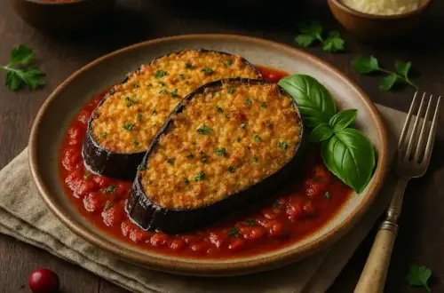 A rustic plate with golden-baked eggplant Parmesan slices, served on rich marinara sauce, topped with herbs, and garnished with fresh basil. Styled with a dark wooden table, linen napkin, vintage fork, and warm natural lighting for a cozy, real-life presentation.