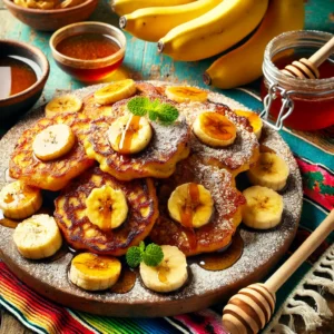A vibrant and inviting scene featuring Golden Banana Breakfast Fritters on a rustic wooden platter. The fritters are golden brown, crispy on the outside, drizzled with honey, and sprinkled with powdered sugar. The setup includes a colorful Mexican-style tablecloth, a small bowl of honey, a few ripe bananas, and a cup of coffee, illuminated by bright natural light to enhance the warm and indulgent atmosphere.