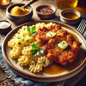 Golden, crispy beef schnitzel served alongside fluffy buttermilk spaetzle drizzled with melted butter and garnished with fresh parsley. The dish is presented on a rustic ceramic plate with a warm, inviting ambiance enhanced by soft natural lighting.