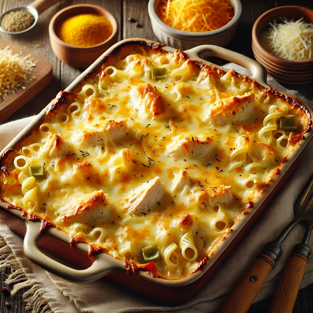 Golden Chicken Tetrazzini Bake, served in a rustic casserole dish with a golden brown Cheddar cheese topping. The dish showcases creamy layers of shredded chicken, vermicelli pasta, and colorful vegetables like bell peppers and onions. The setting features a warm wooden table, with small bowls of grated cheese and spices nearby, accentuated by soft lighting for a comforting and inviting atmosphere.