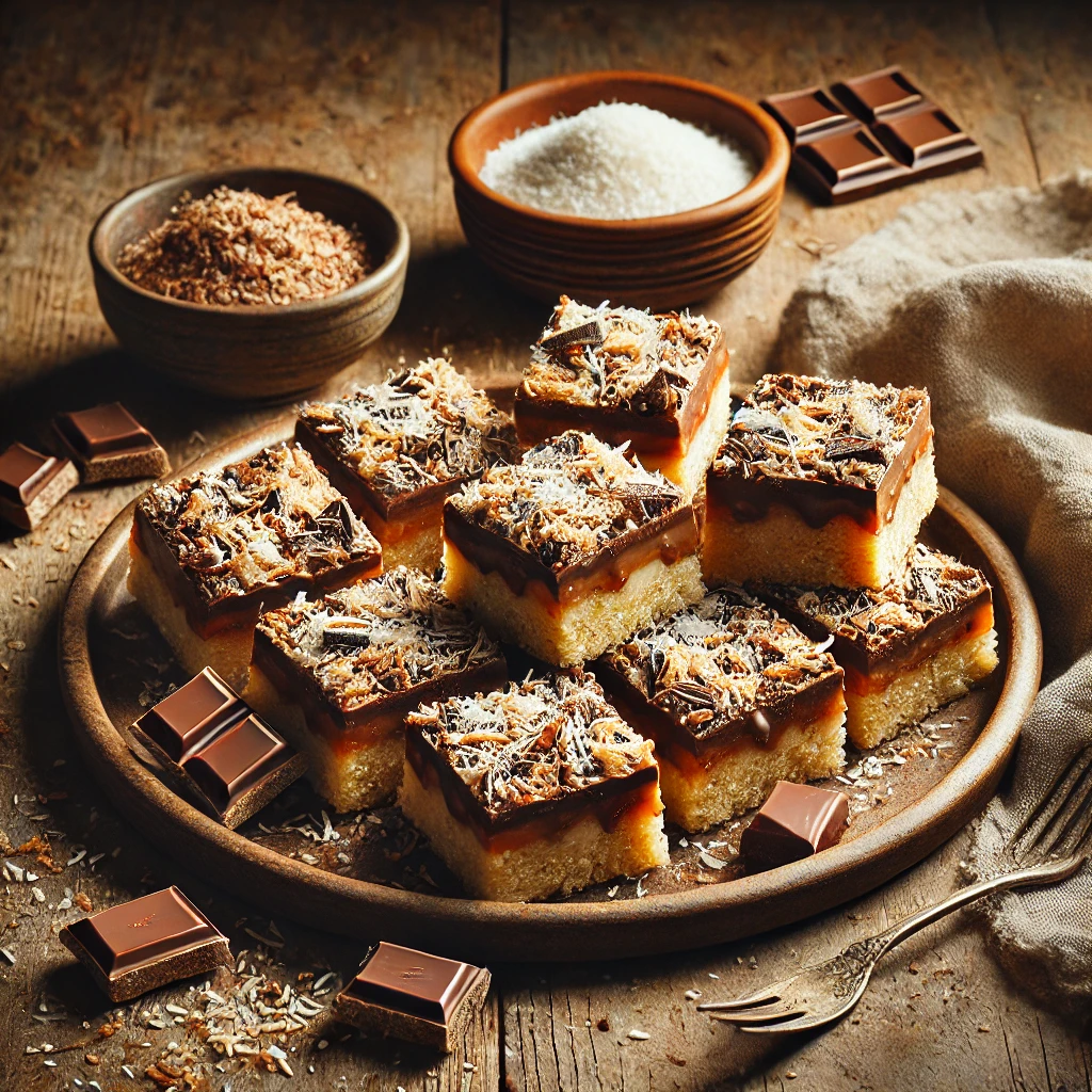 Magic Bars cut into small squares, showcasing layers of crushed digestive biscuits, sweetened condensed milk, melted chocolate, and toasted desiccated coconut. The bars are arranged on a serving plate with scattered chocolate chunks and coconut flakes, styled on a rustic wooden table with a linen napkin and a small bowl of extra coconut.