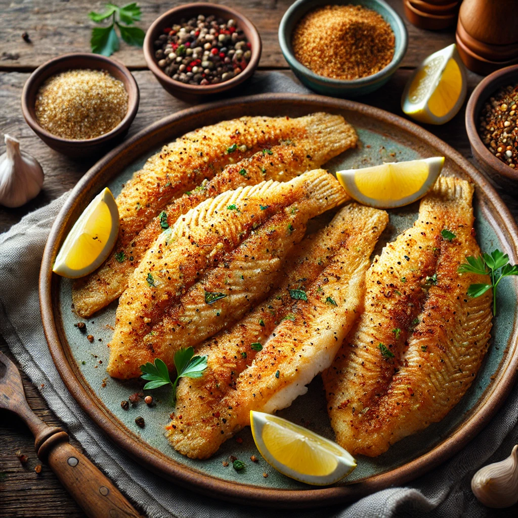 Golden, boneless tilapia fillets seasoned with garlic and cornmeal, garnished with fresh herbs and served alongside lemon wedges on a rustic ceramic plate. The soft natural lighting highlights the crispy texture, ensuring a warm and inviting appearance.