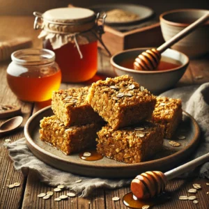 Flapjacks served on a rustic wooden table, cut into golden wedges with a caramelized edge and soft, chewy center. The serving plate is decorated with a drizzle of honey and scattered oats, accompanied by a small jar of honey with a wooden dipper, a linen napkin, and a cup of tea for a cozy and inviting presentation.
