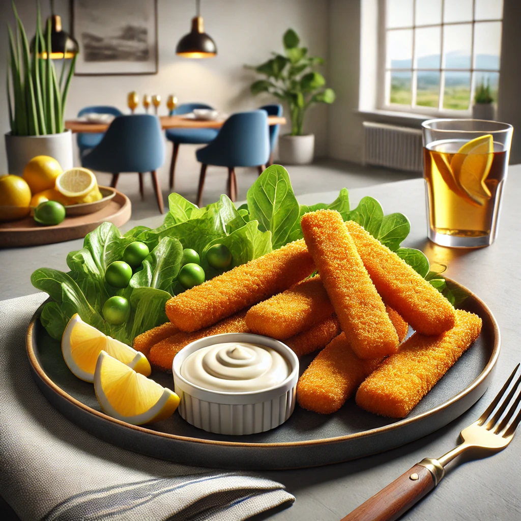 Here is a realistic presentation of Crispy Mustardy Fish Fingers, served with dipping sauce, fresh salad greens, and lemon wedges for a delightful meal. 🐟🍋🥗