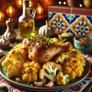 Chicken with golden roasted cauliflower, seasoned and served in a vibrant Mexican-inspired setting.