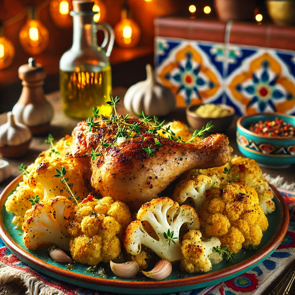 Chicken with golden roasted cauliflower, seasoned and served in a vibrant Mexican-inspired setting.