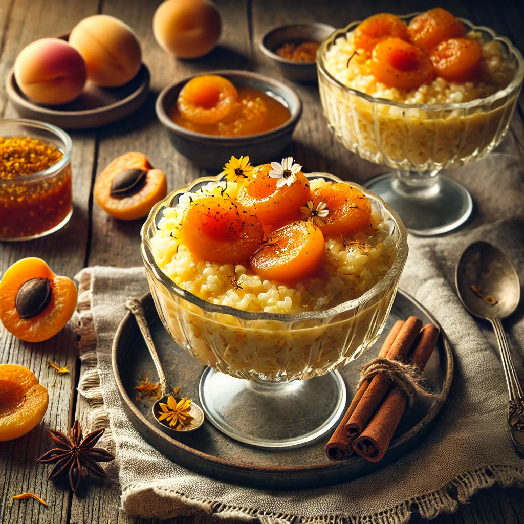 Saffron Rice Pudding with Spiced Apricots served in elegant glass bowls, creamy and golden, infused with saffron, and topped with tender, glazed apricots in a spiced syrup. The dish is garnished with edible flowers and orange zest, styled on a rustic wooden table with a small bowl of extra syrup, a cinnamon stick, and a linen napkin.