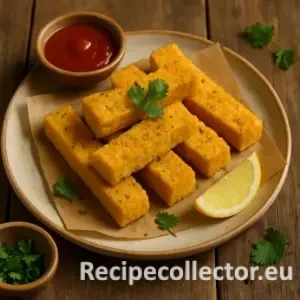 Crispy golden tofu sticks arranged on a parchment-lined ceramic plate with a wedge of lemon, a bowl of red dipping sauce, and scattered cilantro, all set on a rustic wooden table.