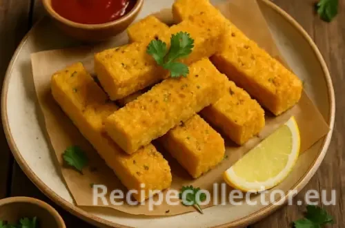 Crispy golden tofu sticks arranged on a parchment-lined ceramic plate with a wedge of lemon, a bowl of red dipping sauce, and scattered cilantro, all set on a rustic wooden table.