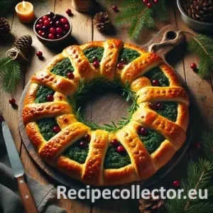 Festive vegan Christmas wreath pastry made from golden shortcrust pastry, filled with spinach and tofu, decorated with cranberries and fresh dill, served on a rustic wooden board.