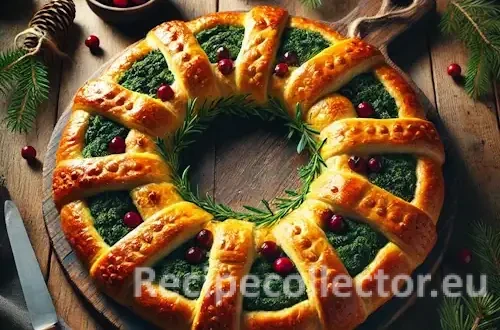 Festive vegan Christmas wreath pastry made from golden shortcrust pastry, filled with spinach and tofu, decorated with cranberries and fresh dill, served on a rustic wooden board.
