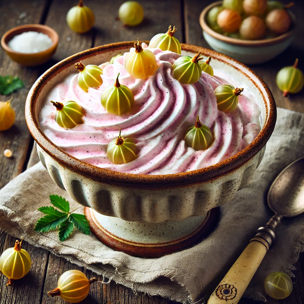 A beautifully presented Gooseberry Fool dessert in a rustic ceramic pudding bowl. The creamy, whipped texture is swirled with soft, stewed gooseberries, creating a marbled pink and white effect. Fresh gooseberries and a light dusting of sugar garnish the top. The bowl sits on a rustic wooden table, with scattered gooseberries, a vintage spoon, and a linen napkin nearby. Soft, natural lighting enhances the fresh and inviting feel of the dessert.