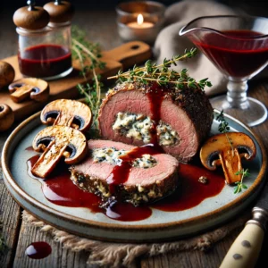 A Gorgonzola- and mushroom-stuffed beef tenderloin with a perfectly seared crust, sliced open to reveal its rich filling, drizzled with deep red Merlot sauce on a rustic wooden table. Garnished with fresh thyme sprigs and roasted mushrooms, with a cozy napkin and wooden cutting board adding to the warm, homey atmosphere.