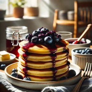 A stack of golden-brown pancakes topped with blueberry syrup, garnished with fresh blueberries. The image is set in a bright kitchen with soft natural lighting, giving a warm and inviting feel. A small pitcher of extra syrup and a plate of butter are placed next to the pancakes on a wooden table, completing the cozy breakfast scene.