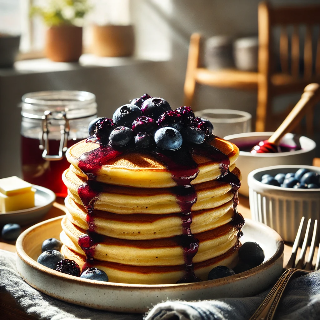 A stack of golden-brown pancakes topped with blueberry syrup, garnished with fresh blueberries. The image is set in a bright kitchen with soft natural lighting, giving a warm and inviting feel. A small pitcher of extra syrup and a plate of butter are placed next to the pancakes on a wooden table, completing the cozy breakfast scene.