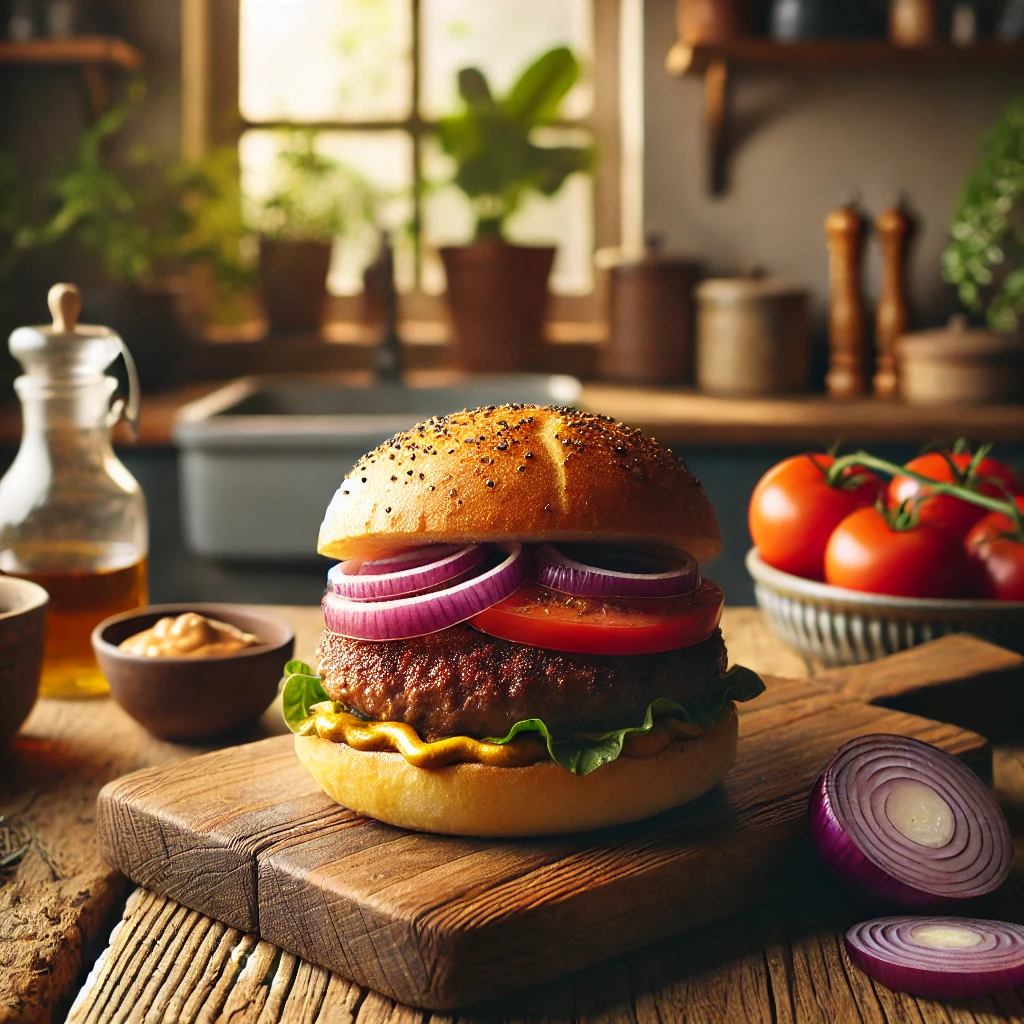 A naturally styled burger scene featuring a juicy beef patty, caramelized red onions, fresh tomato slices, and mustard on a soft bun. The burger is placed on a rustic wooden board within a cozy, nature-inspired vintage-modern kitchen. The setting includes wooden countertops, natural light streaming through a window, potted plants, and simple ceramic dishes, creating an authentic, organic, and inviting atmosphere.