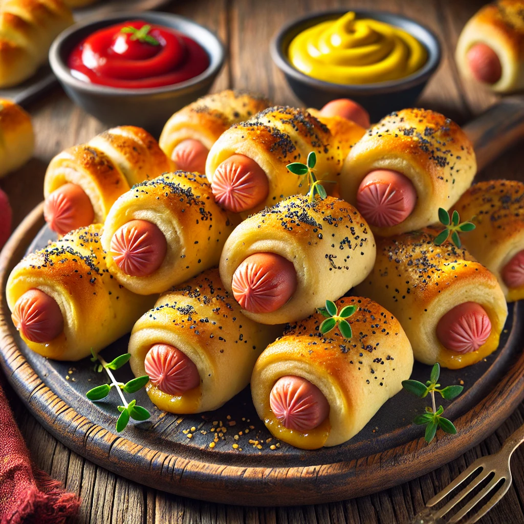 Mini hot dogs wrapped in golden, flaky biscuits, brushed with an egg yolk mixture, and sprinkled with poppy seeds and oregano. Served on a rustic wooden platter with bowls of mustard and ketchup for dipping, garnished with fresh herbs, in a casual party setting with warm natural lighting.