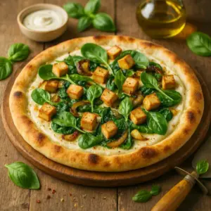 English alt text: A 600×600 close, lightly bright pesto-style photo of a vegan white pizza on the same rustic plank wooden table as the reference; golden blistered crust with cashew-garlic white sauce, smoked tofu cubes, sautéed spinach, caramelized onions, fresh basil, and olive-oil sheen; shallow depth-of-field with small props (ramekin of white sauce, olive-oil bottle, vintage pizza cutter).
