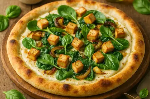 English alt text: A 600×600 close, lightly bright pesto-style photo of a vegan white pizza on the same rustic plank wooden table as the reference; golden blistered crust with cashew-garlic white sauce, smoked tofu cubes, sautéed spinach, caramelized onions, fresh basil, and olive-oil sheen; shallow depth-of-field with small props (ramekin of white sauce, olive-oil bottle, vintage pizza cutter).