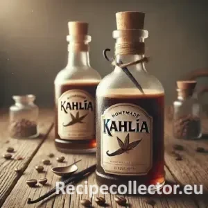 Two rustic glass bottles of homemade KahlĂșa on a weathered wooden table, with visible vanilla beans and scattered coffee beans in cozy lighting.