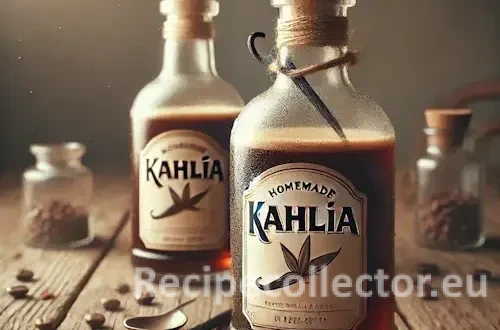 Two rustic glass bottles of homemade Kahlúa on a weathered wooden table, with visible vanilla beans and scattered coffee beans in cozy lighting.