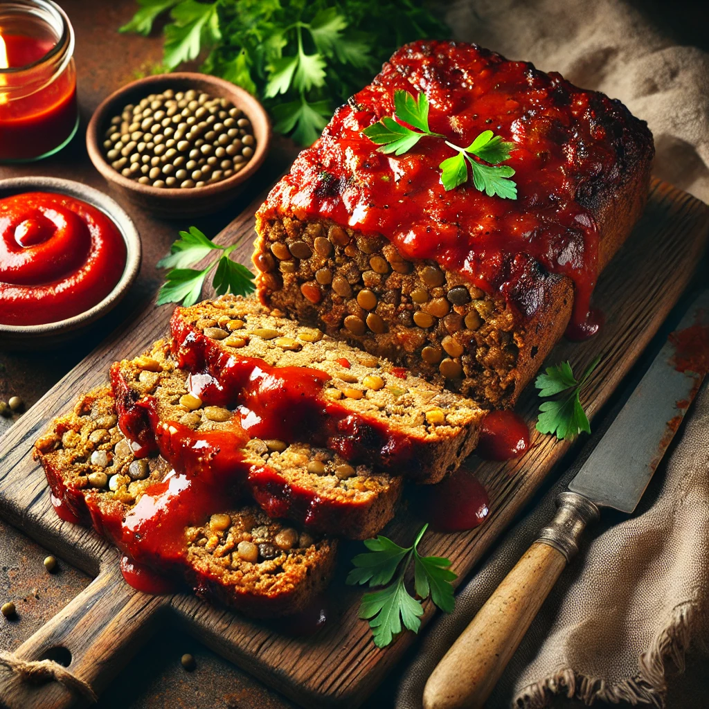 A rustic vegan meatloaf made with lentils, beans, and vegetables, topped with a caramelized tomato glaze, sliced and garnished with parsley, served on a wooden board with a dish of extra glaze in the background.