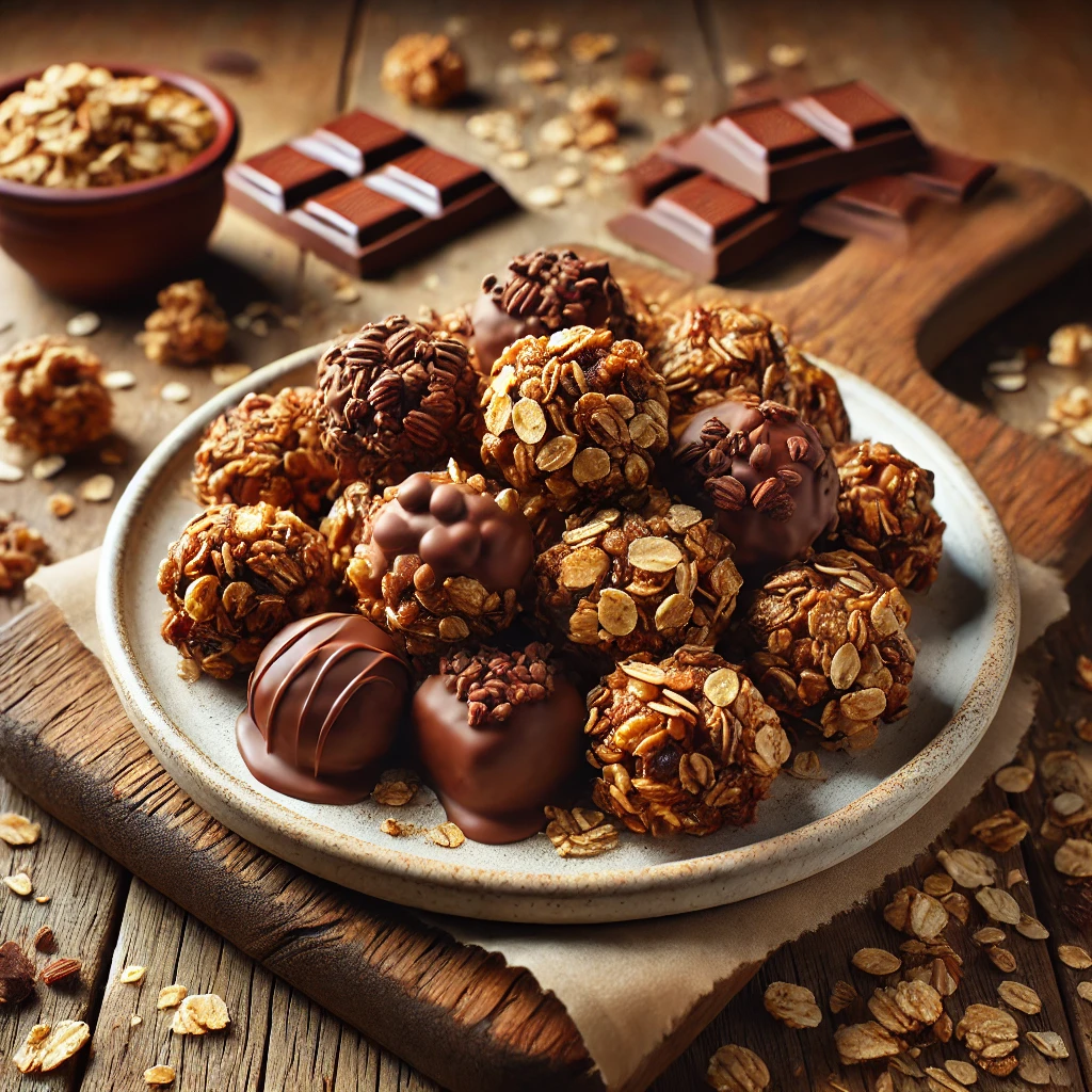 A plate of granola fudge clusters on a rustic wooden table, featuring bite-sized treats made with crunchy granola mixed with rich, melted chocolate fudge. Some clusters are drizzled with extra chocolate, while others are sprinkled with chopped nuts or coconut flakes. The plate rests on a wooden cutting board, with scattered granola, chocolate chunks, and a small dish of melted fudge nearby. Soft natural lighting enhances the warm, inviting tones.
