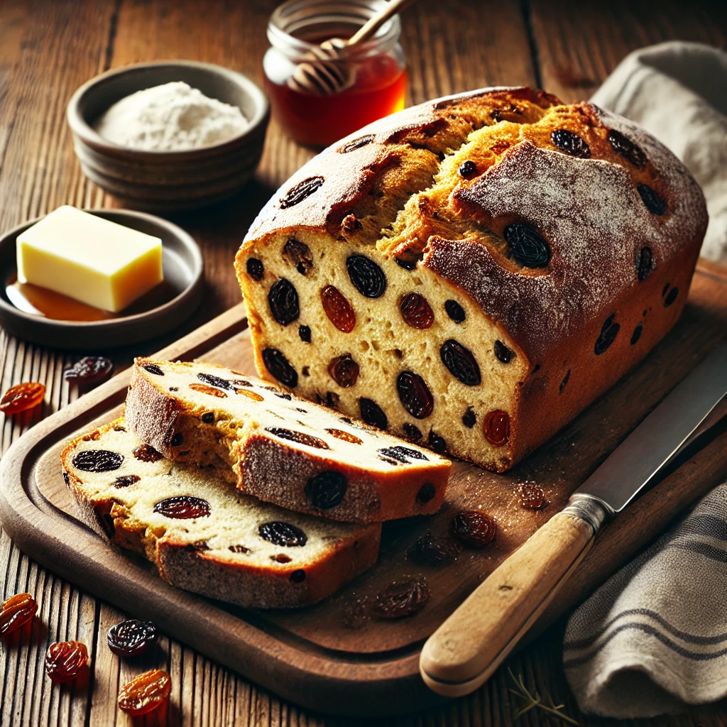 A beautifully plated loaf of Grape and Sultana Bread served on a rustic wooden table. The bread has a golden-brown crust with a soft, slightly dense interior filled with juicy grapes and sweet sultanas. Topped with a light dusting of flour and sliced to reveal the rich texture inside. Arranged on a wooden cutting board, served with a side of butter and honey. The warm wooden table is more visible, providing a cozy and inviting setting.