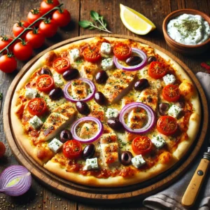 A beautifully plated Greek Chicken Pizza served on a rustic wooden table. The pizza features a crispy golden crust topped with seasoned grilled chicken, crumbled feta cheese, Kalamata olives, red onion slices, and fresh cherry tomatoes. Garnished with a drizzle of tzatziki sauce and a sprinkle of oregano. Arranged on a wooden pizza board with a side of lemon wedges. The warm wooden table is more visible, providing a cozy and inviting setting.