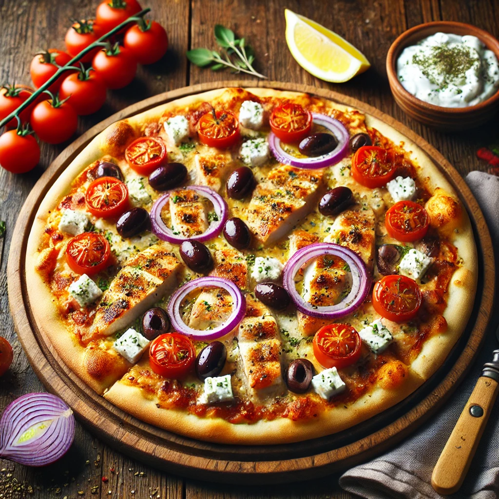 A beautifully plated Greek Chicken Pizza served on a rustic wooden table. The pizza features a crispy golden crust topped with seasoned grilled chicken, crumbled feta cheese, Kalamata olives, red onion slices, and fresh cherry tomatoes. Garnished with a drizzle of tzatziki sauce and a sprinkle of oregano. Arranged on a wooden pizza board with a side of lemon wedges. The warm wooden table is more visible, providing a cozy and inviting setting.