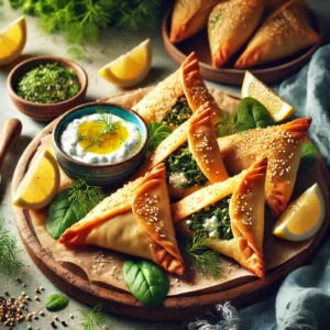 Greek-inspired phyllo samosas filled with spinach, feta, and herbs, garnished with sesame seeds and dill, served on a wooden platter with tzatziki sauce and lemon wedges in a Mediterranean setting.