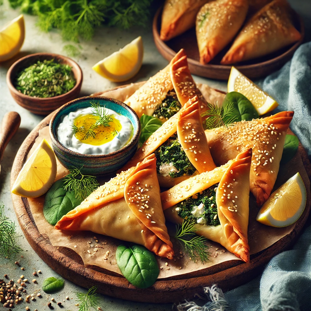 Greek-inspired phyllo samosas filled with spinach, feta, and herbs, garnished with sesame seeds and dill, served on a wooden platter with tzatziki sauce and lemon wedges in a Mediterranean setting.