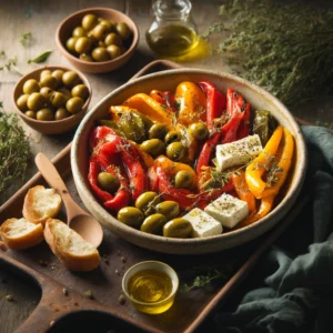 A rustic presentation of Greek marinated roasted peppers, olives, and feta, elegantly arranged on a wooden table. The dish features vibrant roasted red and yellow peppers, marinated Kalamata and green olives, and chunks of creamy feta cheese, all drizzled with olive oil and sprinkled with fresh oregano. The ingredients are served in a ceramic dish with a wooden spoon for serving. Scattered around are extra olives, sprigs of oregano, and slices of crusty bread for pairing. Soft natural lighting enhances the warm and inviting feel, with gentle shadows and a hint of rustic Mediterranean charm in the background.