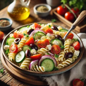 A bowl of Greek pasta salad with tender pasta, cherry tomatoes, cucumber slices, Kalamata olives, red onion, and crumbled feta cheese, coated in a light Greek dressing on a rustic wooden table. Garnished with fresh oregano and black pepper, with a serving spoon lifting a portion. A cozy napkin and wooden plate enhance the warm, inviting atmosphere.