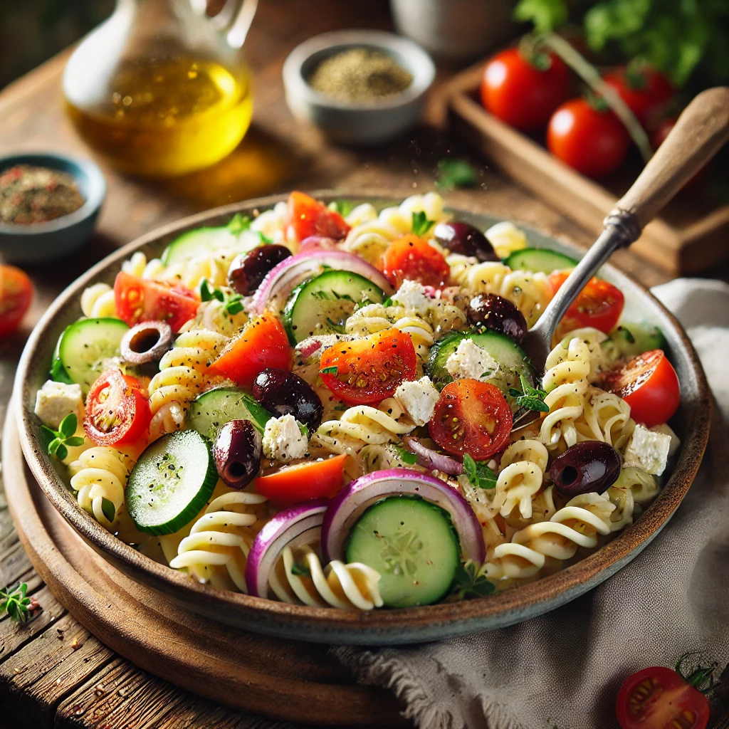 A bowl of Greek pasta salad with tender pasta, cherry tomatoes, cucumber slices, Kalamata olives, red onion, and crumbled feta cheese, coated in a light Greek dressing on a rustic wooden table. Garnished with fresh oregano and black pepper, with a serving spoon lifting a portion. A cozy napkin and wooden plate enhance the warm, inviting atmosphere.