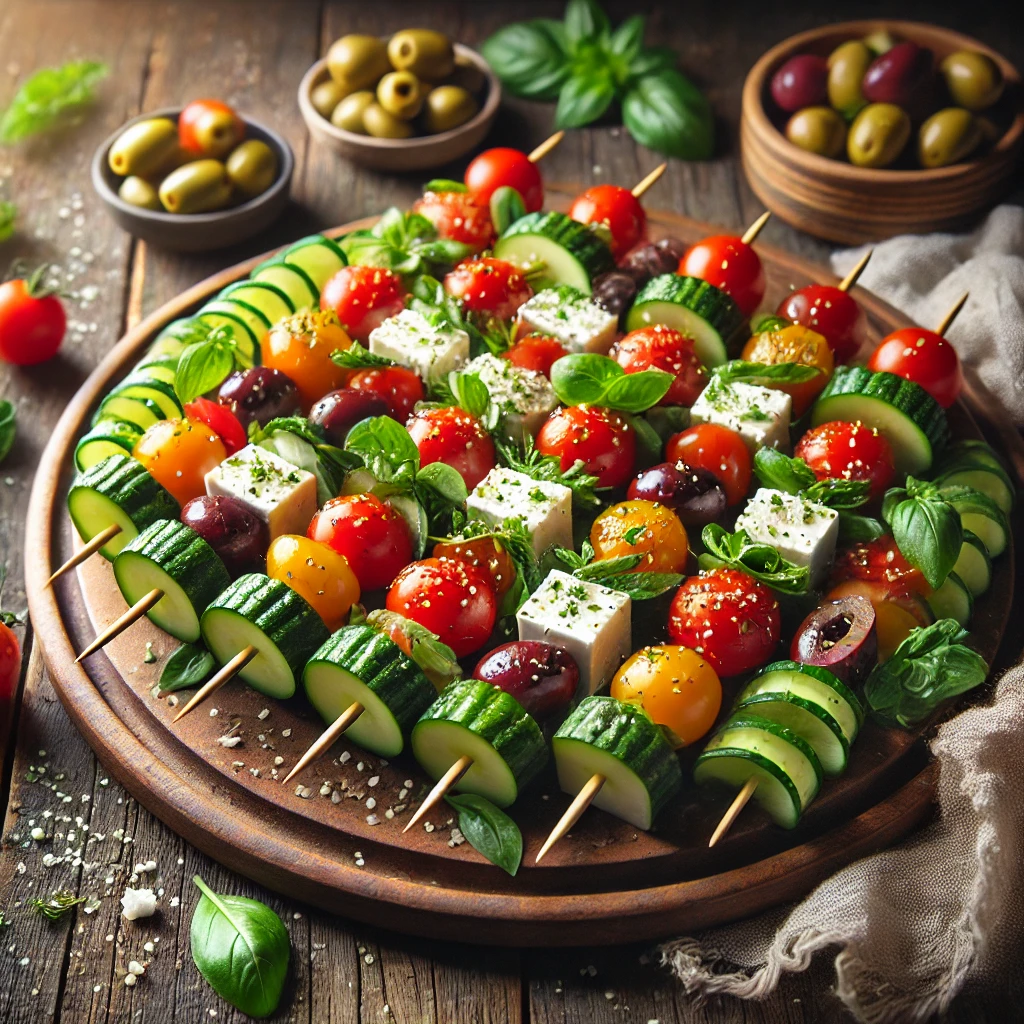 A plate of Greek salad skewers with cherry tomatoes, cucumber slices, Kalamata olives, feta cheese cubes, and fresh basil leaves, drizzled with Greek dressing on a rustic wooden table. Extra olives and crumbled feta are scattered around, with a cozy napkin and wooden plate enhancing the warm, inviting atmosphere.
