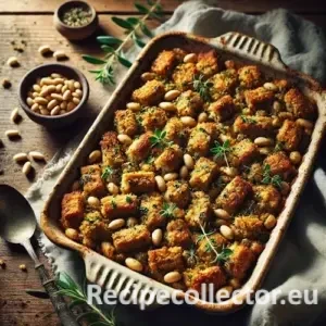 A warm, rustic dish of Greek stuffing with golden chunks of seitan, toasted pine nuts, and herbs, served in a ceramic baking tray on a wooden table.