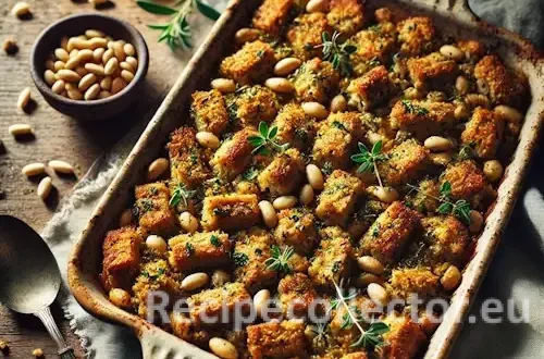 A warm, rustic dish of Greek stuffing with golden chunks of seitan, toasted pine nuts, and herbs, served in a ceramic baking tray on a wooden table.