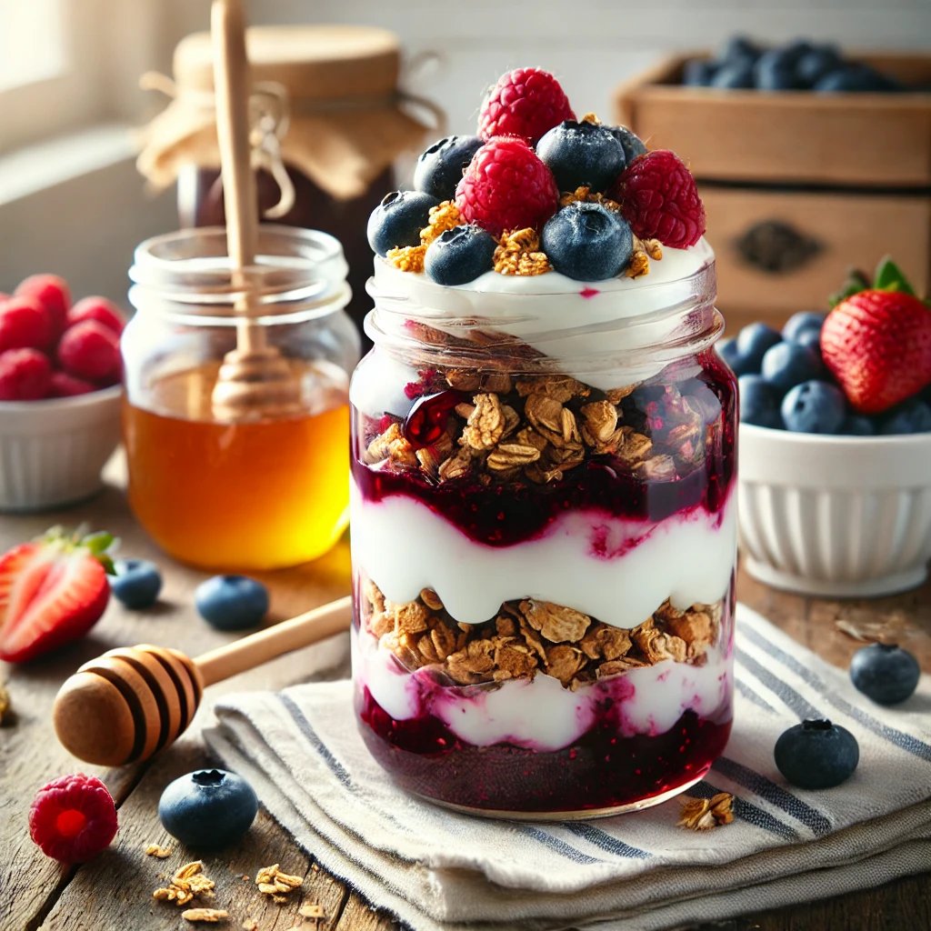 A mason jar parfait layered with creamy Greek yogurt, rich maqui berry compote, and crunchy granola, drizzled with honey. The jar is surrounded by fresh raspberries, strawberries, blueberries, and a small bowl of granola, set in a cozy kitchen with soft, natural lighting.