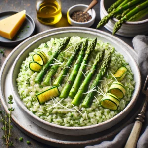 A visually appealing plate of Green Asparagus and Courgette Risotto, garnished with fresh herbs, and served in a minimalist ceramic bowl on a rustic wooden table.