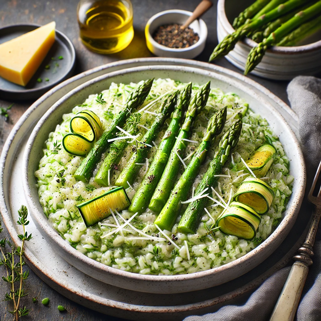 A visually appealing plate of Green Asparagus and Courgette Risotto, garnished with fresh herbs, and served in a minimalist ceramic bowl on a rustic wooden table.