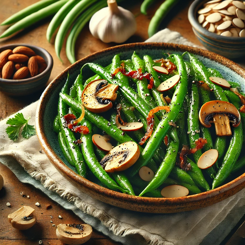 A ceramic bowl of Green Bean Almondine with sautéed green beans, almonds, mushrooms, onions, garlic, and imitation bacon bits, garnished with parsley and black pepper, set on a wooden table with fresh green beans and almonds in the background.
