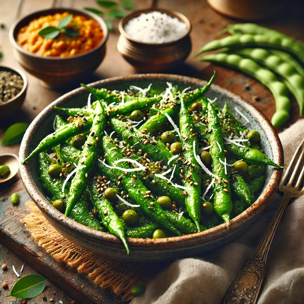 A beautifully plated dish of Green Beans with Fresh Coconut and Sesame Seeds, featuring tender, vibrant green beans sautéed with freshly grated coconut and toasted sesame seeds. The dish has a bright green hue, with a delicate balance of nutty and mildly sweet flavors, infused with mustard seeds, curry leaves, and a hint of turmeric. Garnished with additional coconut shavings and a sprinkle of black sesame seeds, it is served in a rustic ceramic bowl. Accompanied by warm basmati rice and a side of dal, the bowl rests on a wooden table with soft, natural lighting enhancing the inviting and flavorful presentation.